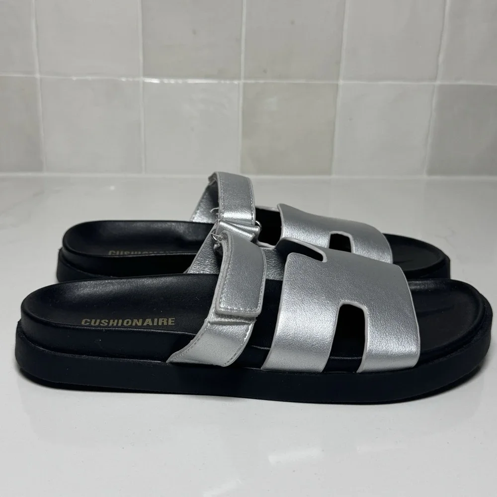 CUSHIONAIRE Lotto‎ Sandal Womens 7.5 Silver Metallic Slip On Comfort Slides - Picture 4 of 8